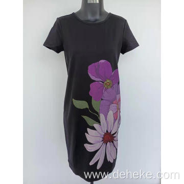 Black Knitted Normal Print Flower Dress